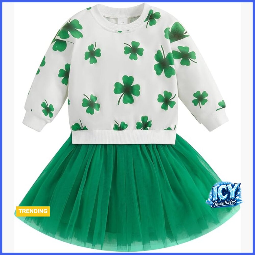 Ultra-Soft Clover Print Long Sleeve Dress with Mesh Tutu Skirt
